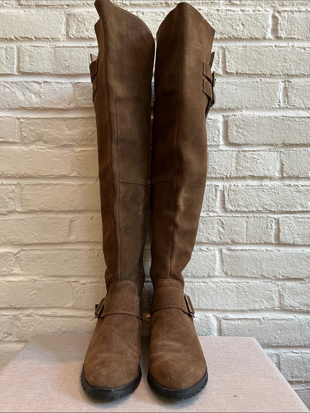 SOLE SOCIETY Brown Suede Over the Knee Lug Sole Low Heel Boots Buckles Size 6